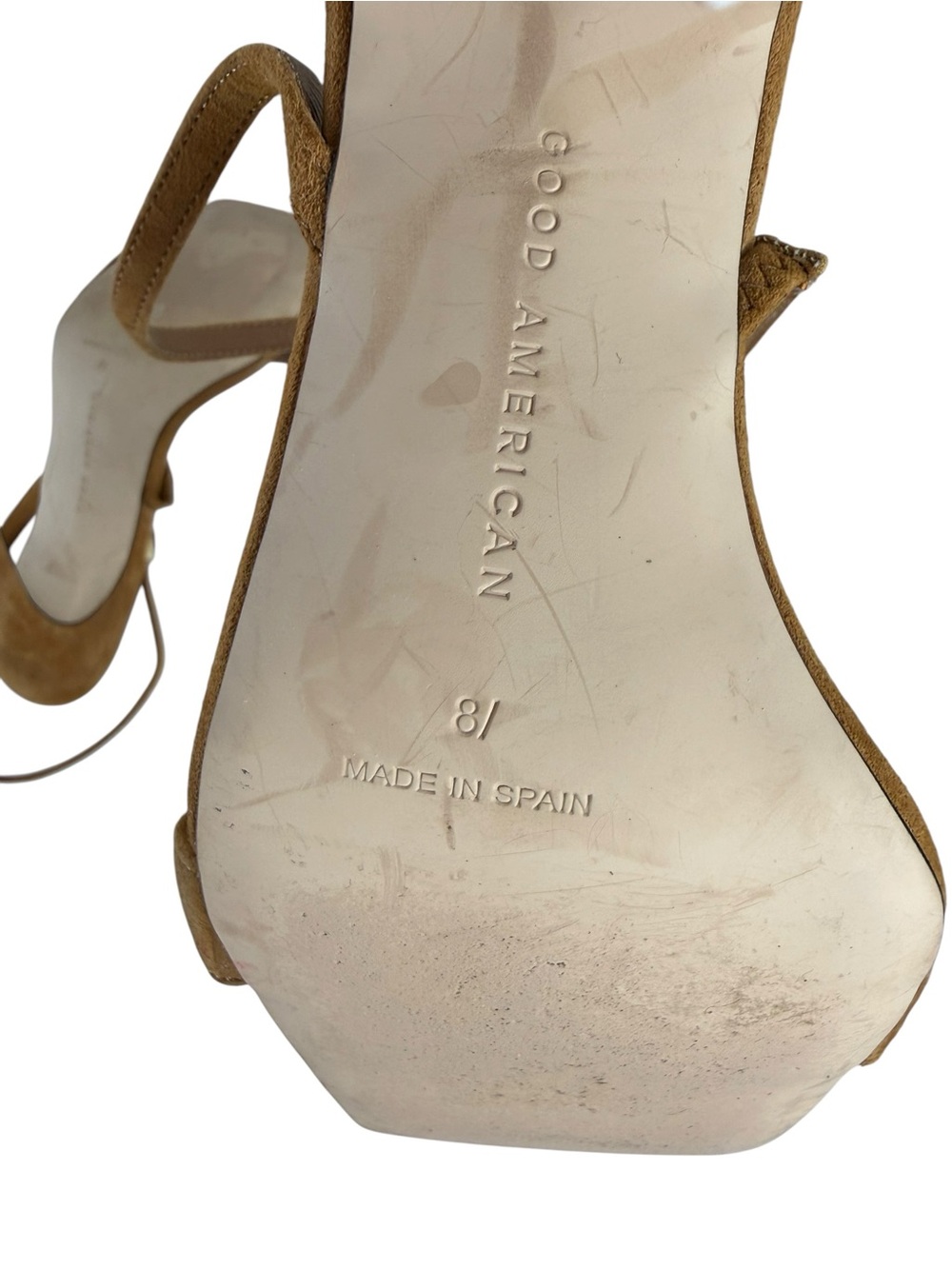 GOOD AMERICAN Tan Suede Chain Accent High Heel Sandals Size 8 - Picture 6 of 7